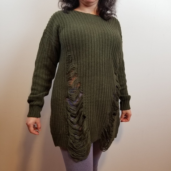 NWT Olive Green Ripped distressed long sweater - Picture 2 of 5
